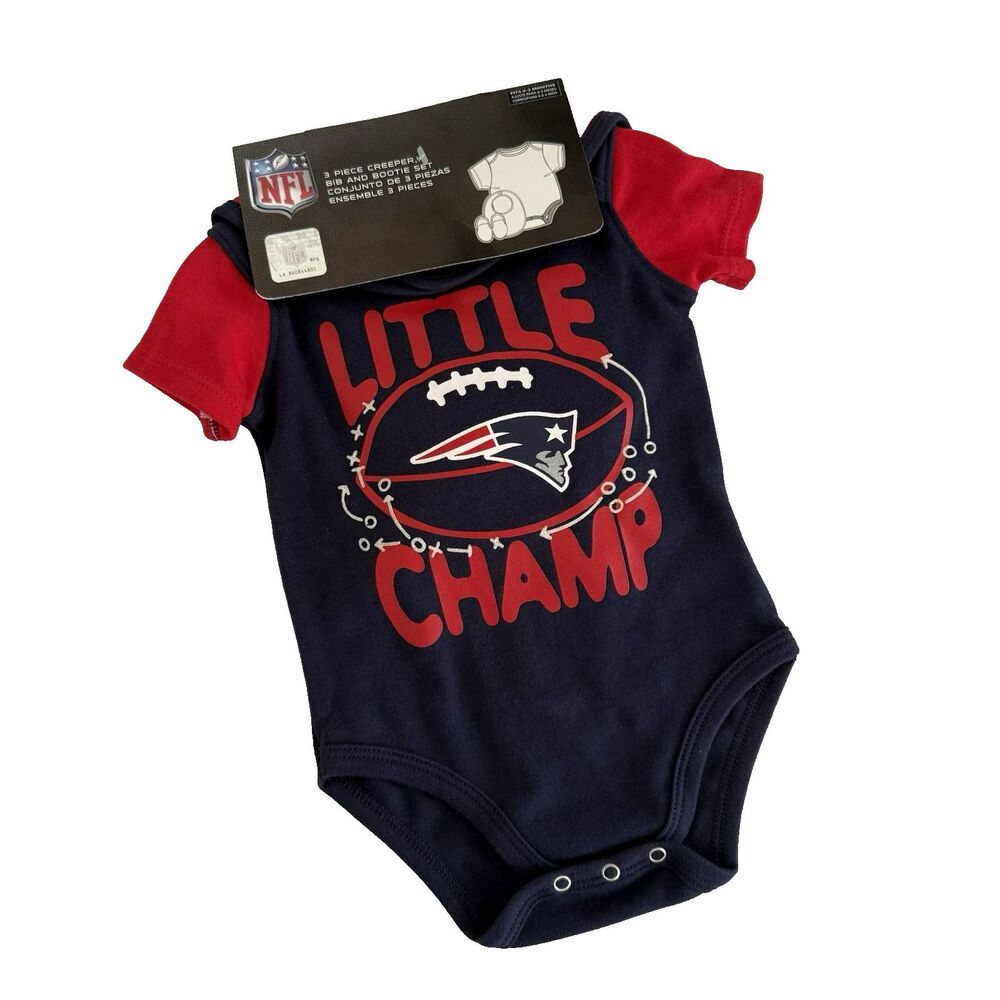 NFL New England Patriots Baby 0-3M Creeper Set 3 Piece Romper Bib Bootie NEW